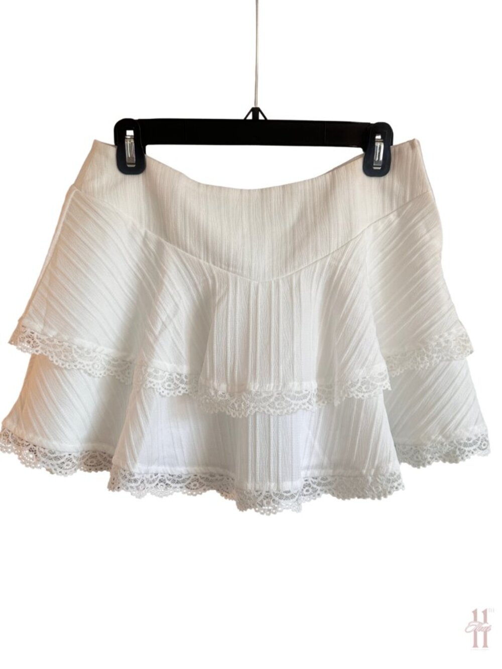 White Layered Ruffle and Lace Tiered Mini Skirt - Women's Small